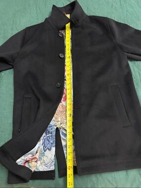 Navy Button-Up Coat with Patterned Lining